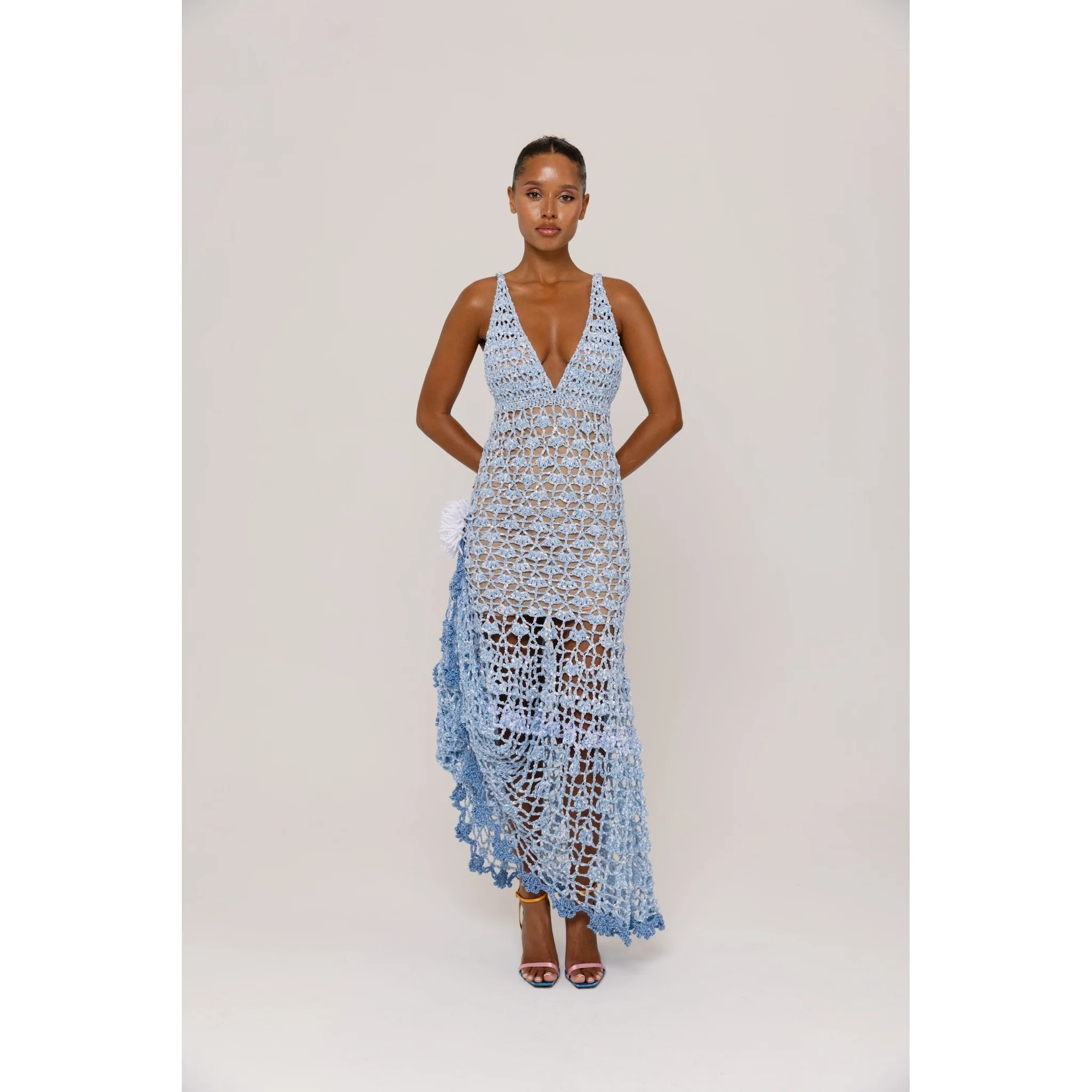 Metallic Blue Crochet Maxi Dress with Open Back - Image 7