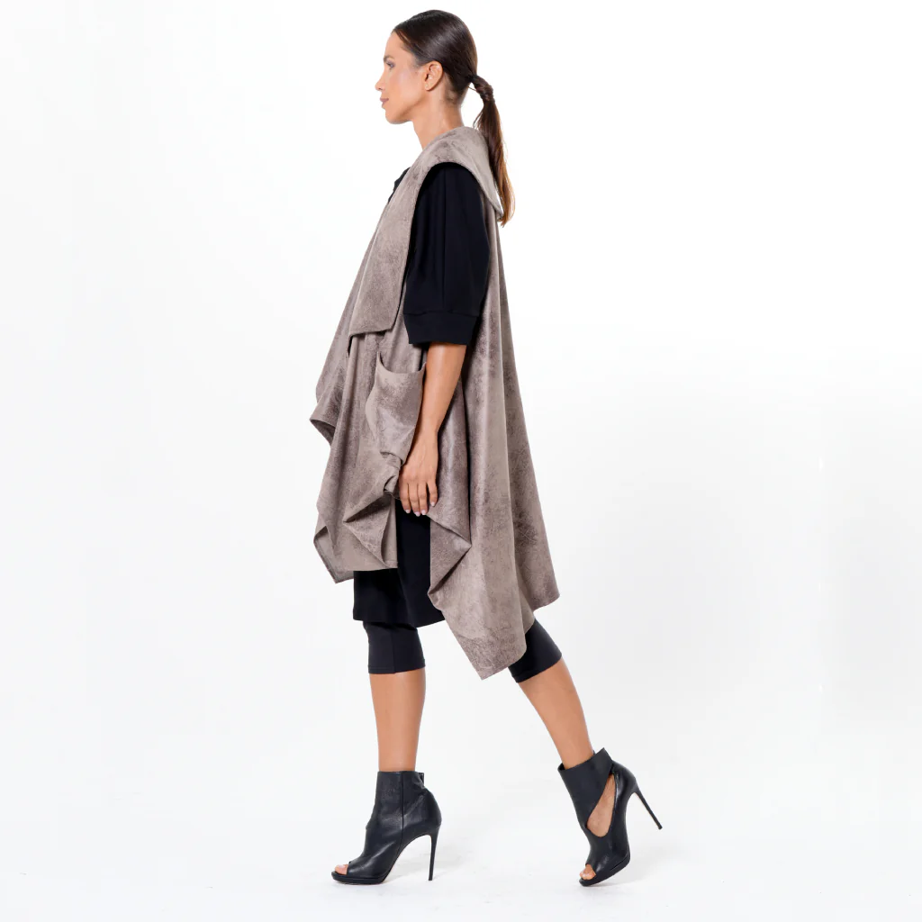 Asymmetric Faux Suede Vest In Taupe - Image 3