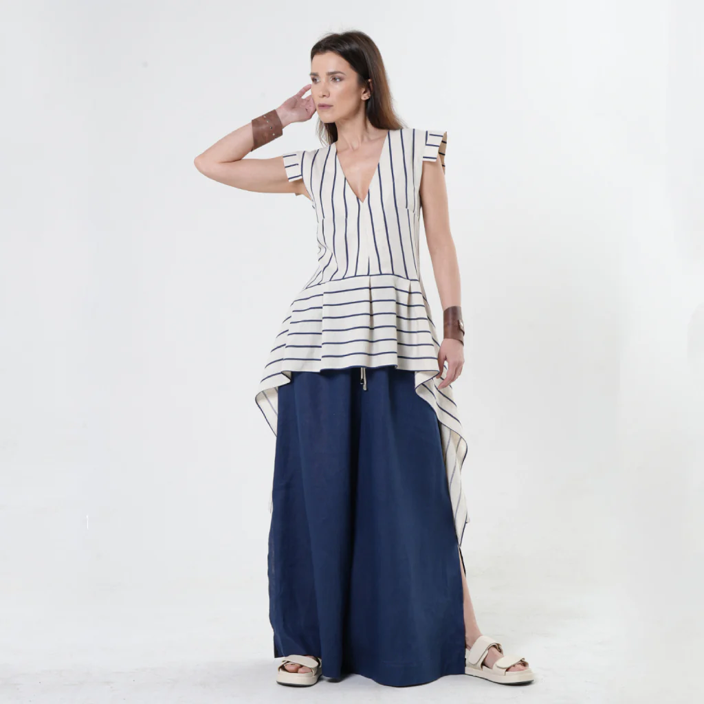 Asymmetric Linen Top | Blue Stripes - Image 2