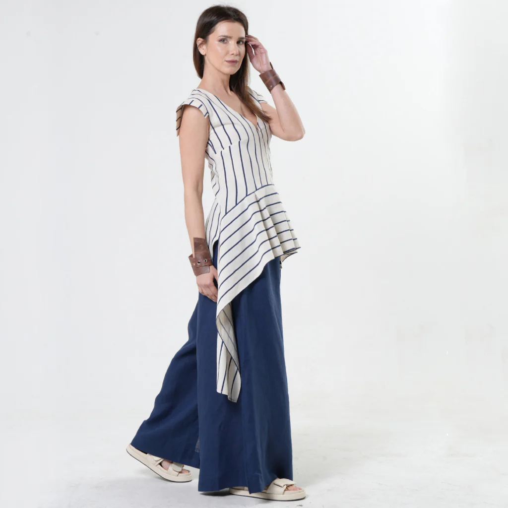 Asymmetric Linen Top | Blue Stripes - Image 3