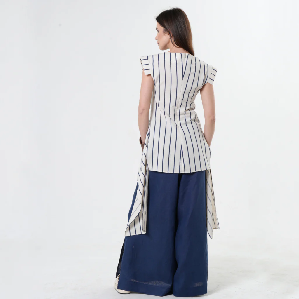 Asymmetric Linen Top | Blue Stripes - Image 4
