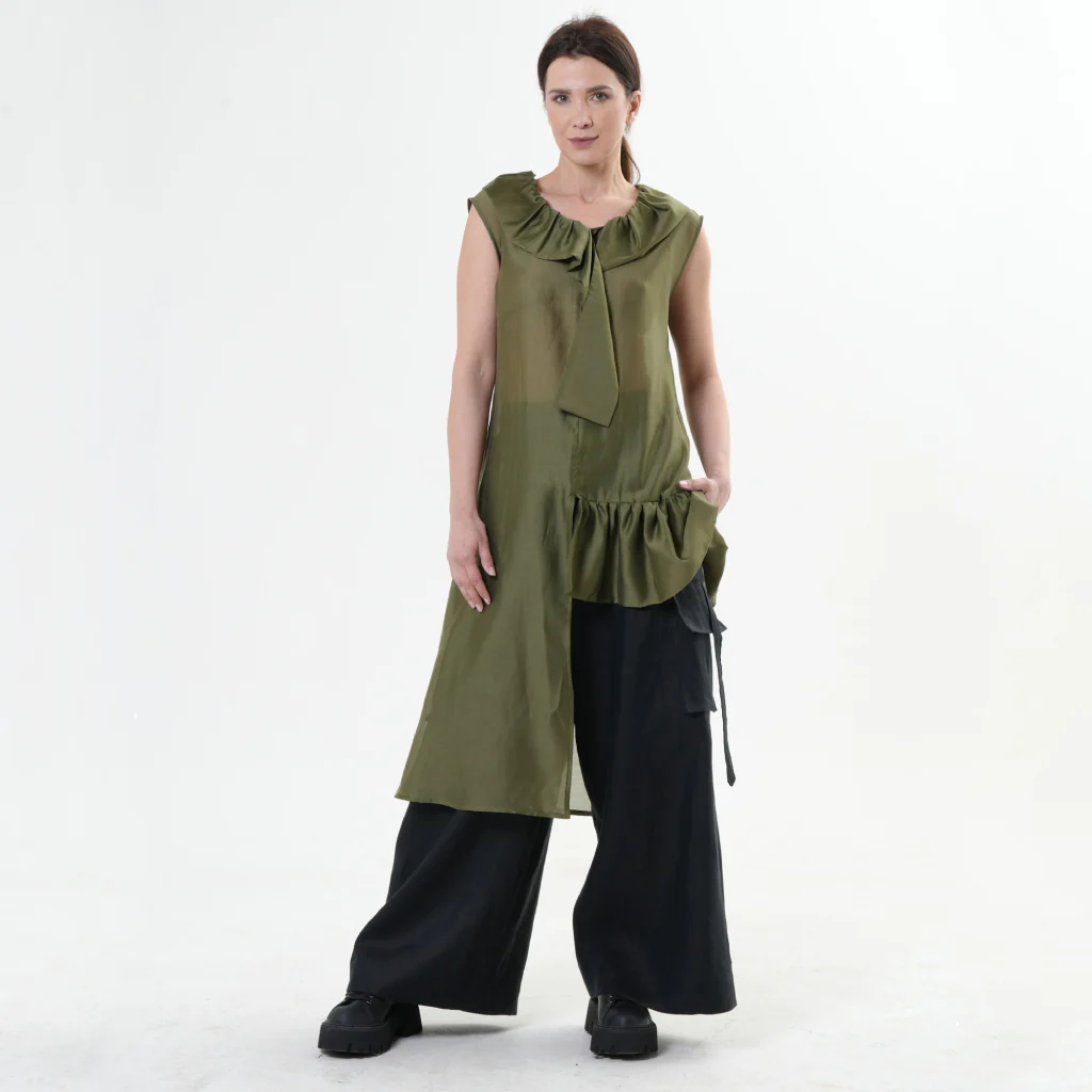 Asymmetric Sheer Tunic Top | Khaki - Image 2