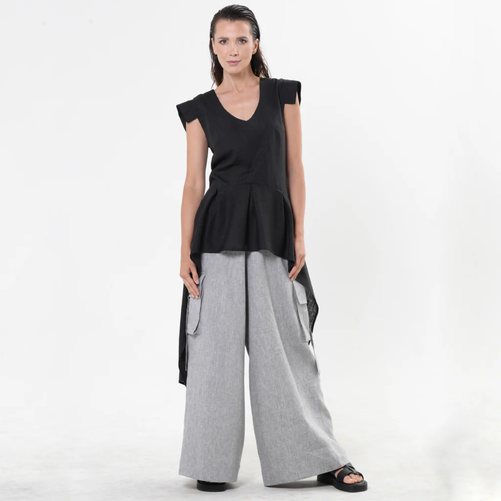 Black Asymmetric Linen Top with High-Low Hem - Image 2