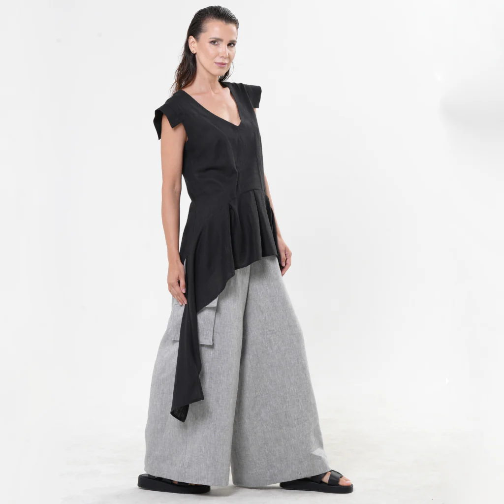 Black Asymmetric Linen Top with High-Low Hem - Image 3