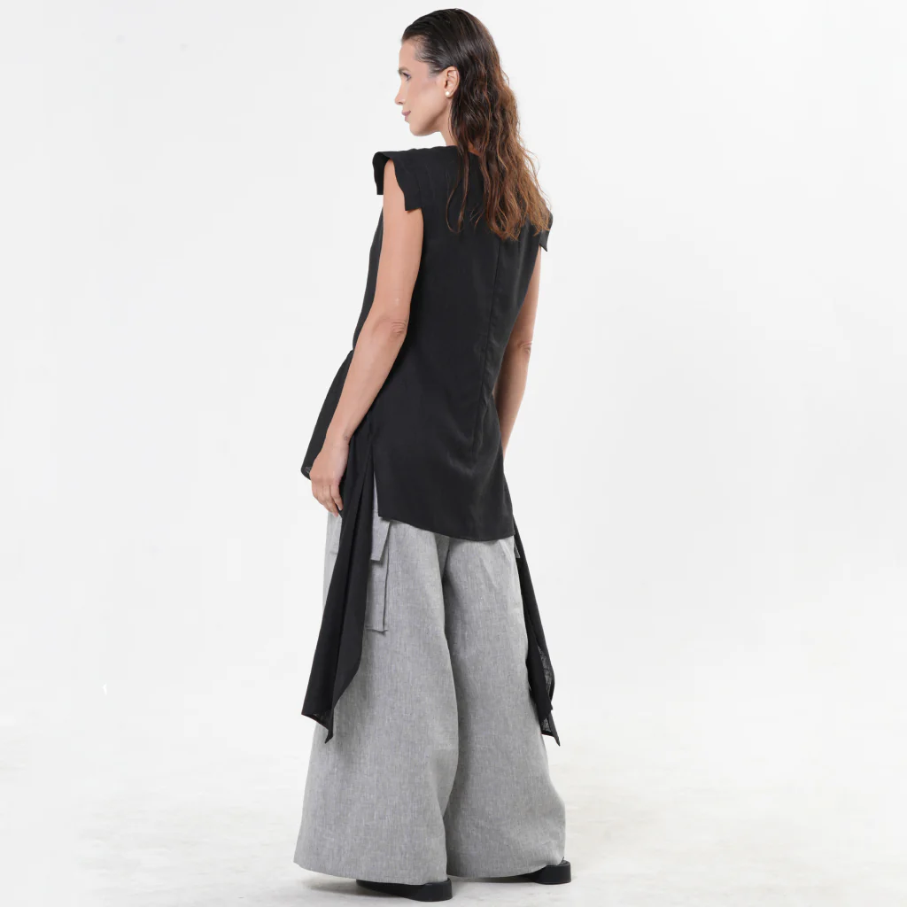 Black Asymmetric Linen Top with High-Low Hem - Image 4
