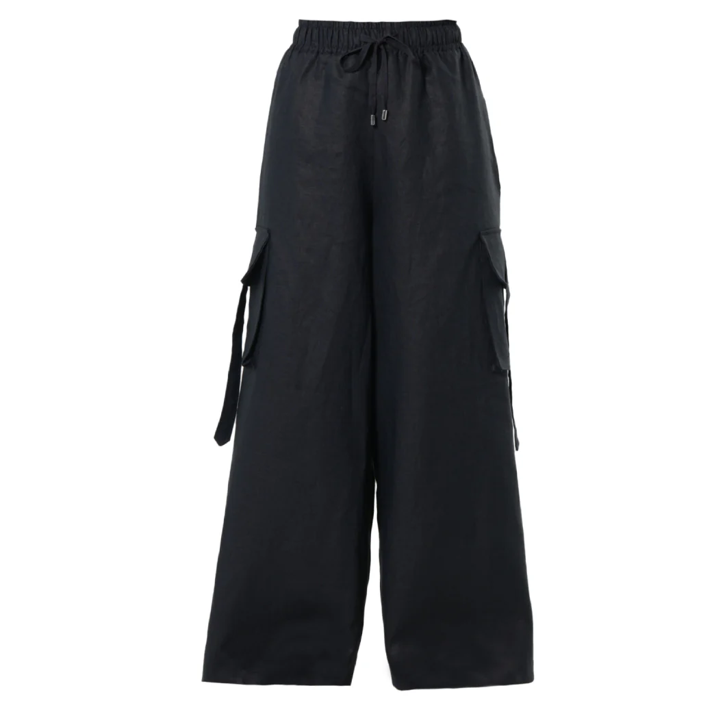 Black Linen Cargo Palazzo Pants with Drawstring