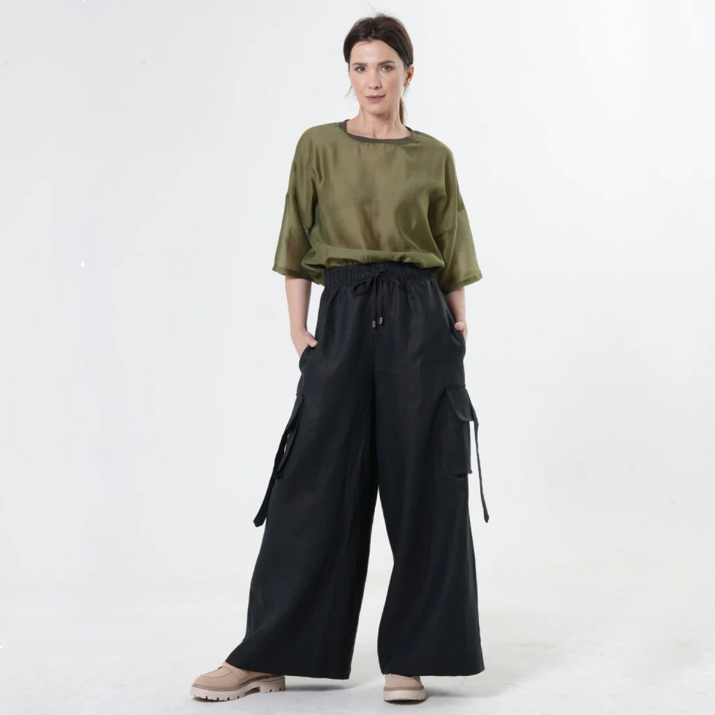 Black Linen Cargo Palazzo Pants with Drawstring - Image 2