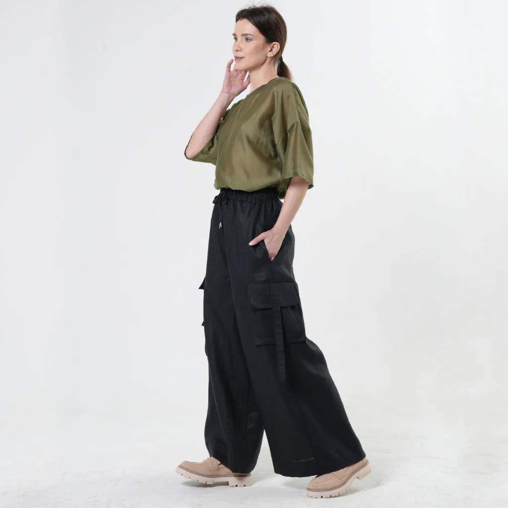 Black Linen Cargo Palazzo Pants with Drawstring - Image 3