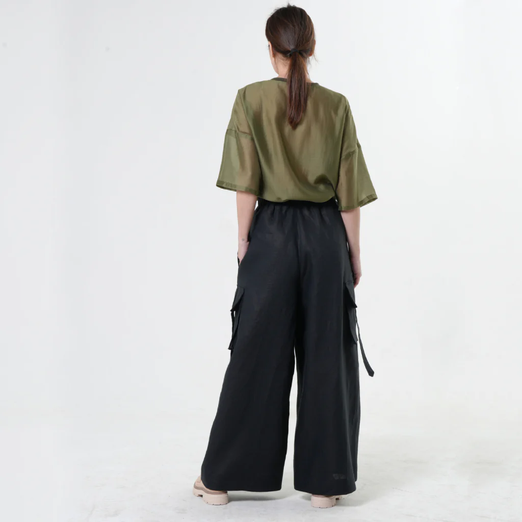 Black Linen Cargo Palazzo Pants with Drawstring - Image 4