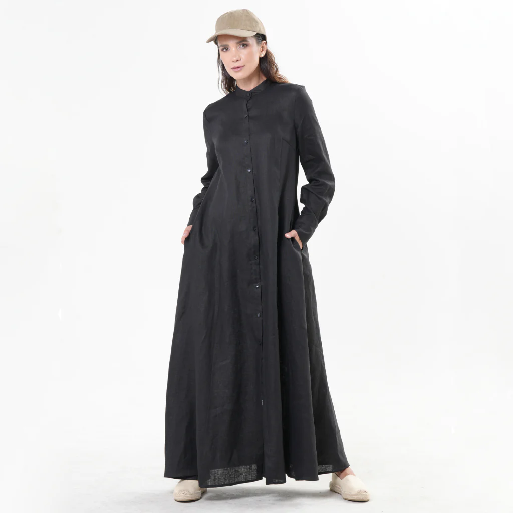 Black Long Sleeve Linen Maxi Dress with Button Front - Image 2