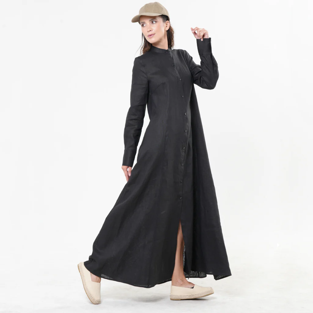 Black Long Sleeve Linen Maxi Dress with Button Front - Image 3