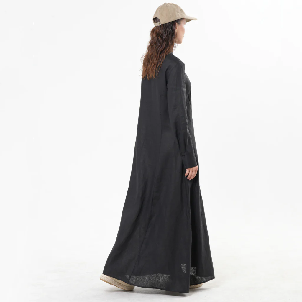 Black Long Sleeve Linen Maxi Dress with Button Front - Image 4