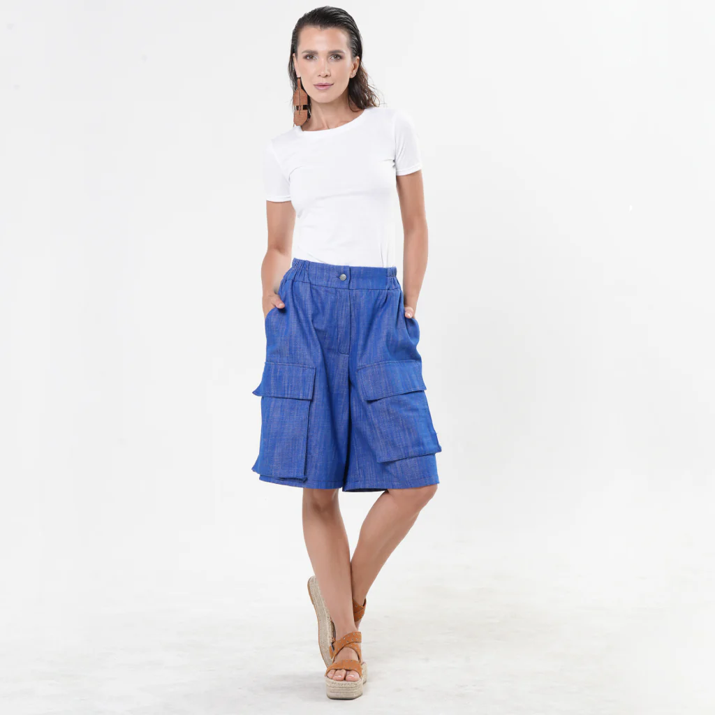 Blue Denim Cargo Shorts with Oversized Pockets - Image 2
