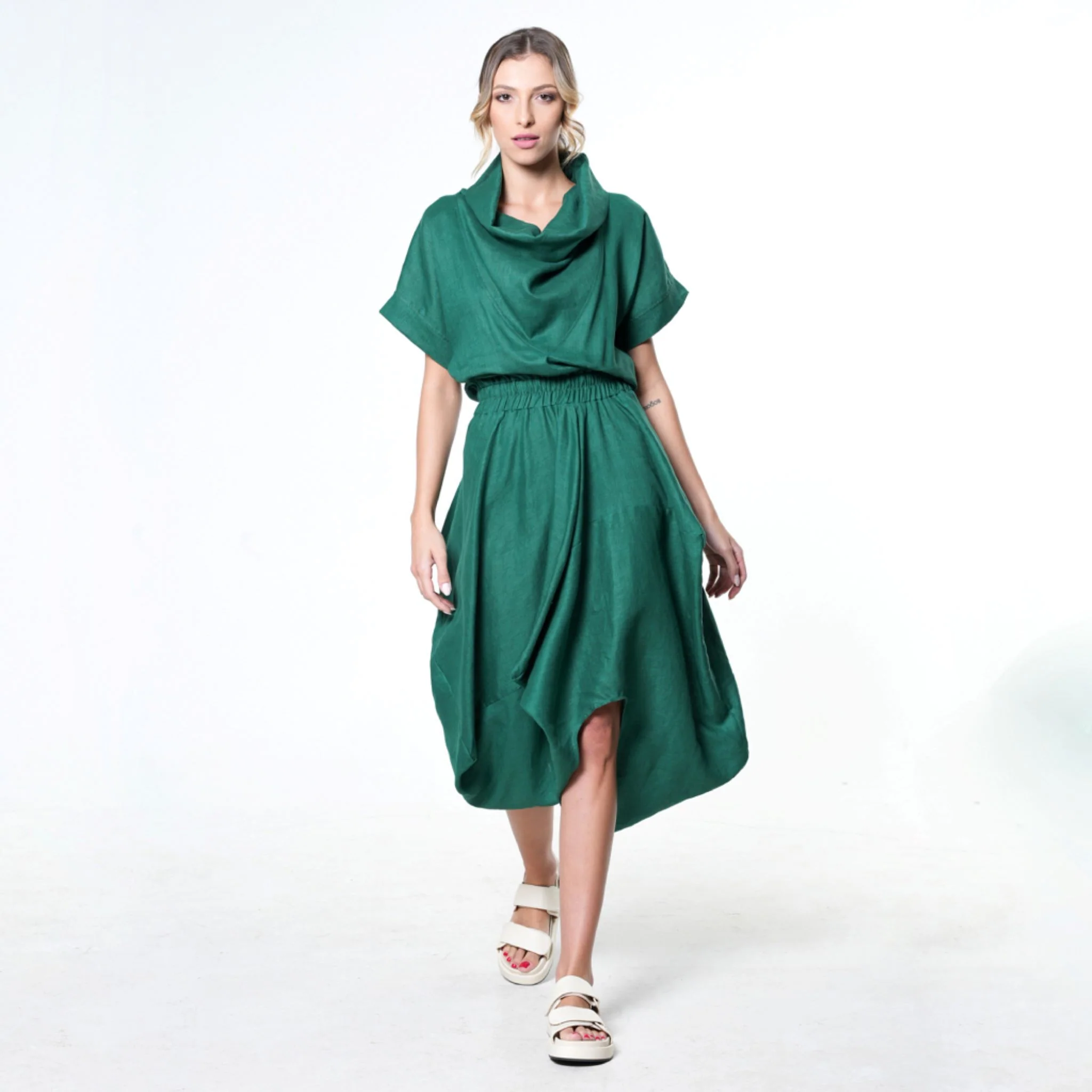 Cowl Neck Linen Dress | Green - Image 2