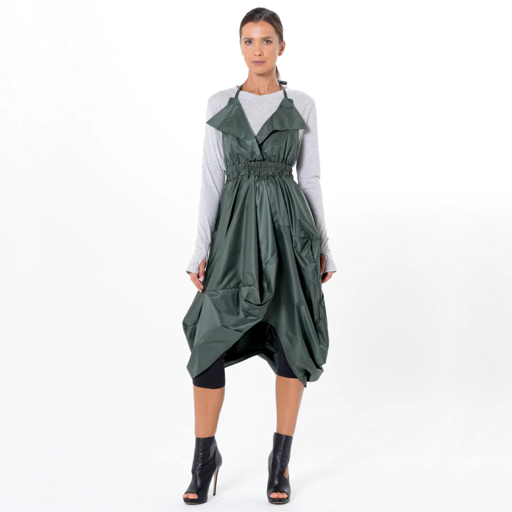 Draped Balloon Pinafore Dress In Green - Image 2