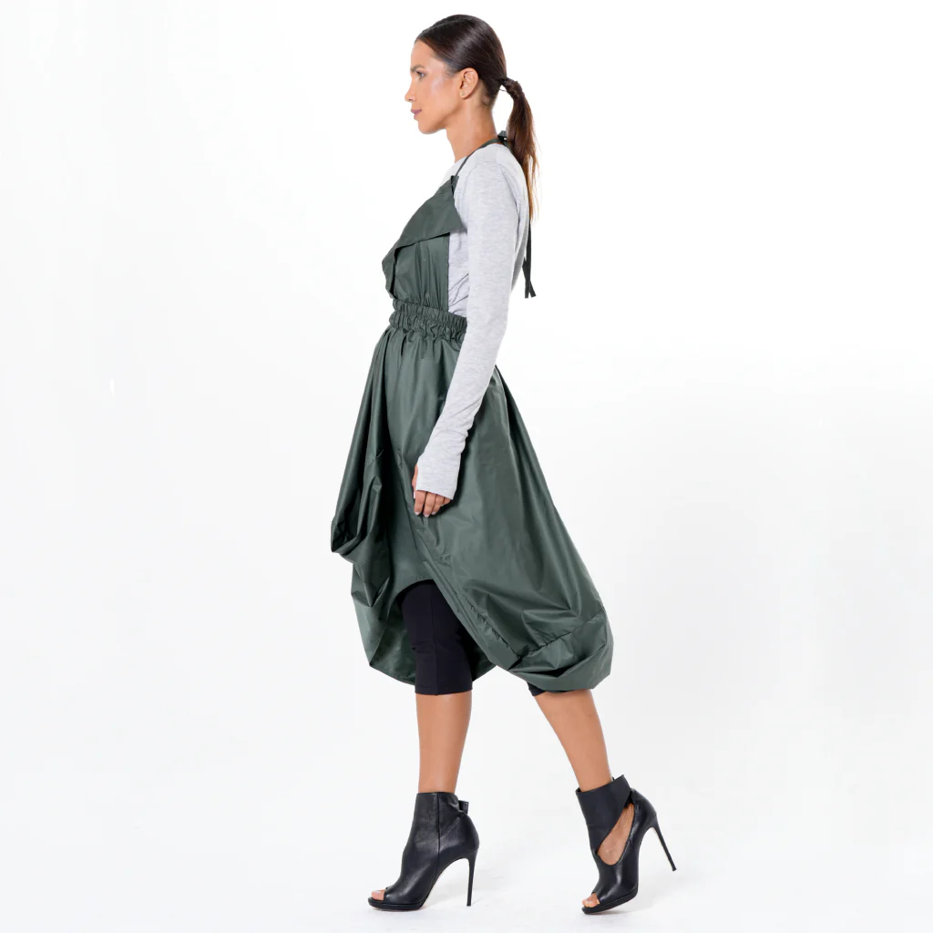 Draped Balloon Pinafore Dress In Green - Image 3