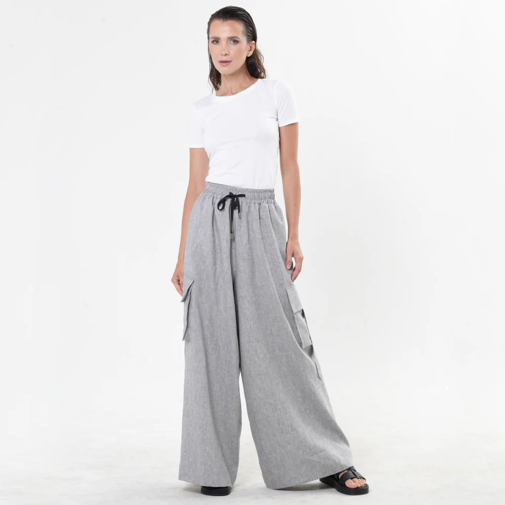 Gray Linen Cargo Palazzo Pants with Drawstring - Image 2