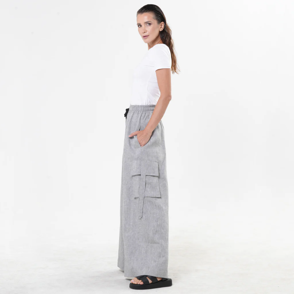 Gray Linen Cargo Palazzo Pants with Drawstring - Image 3