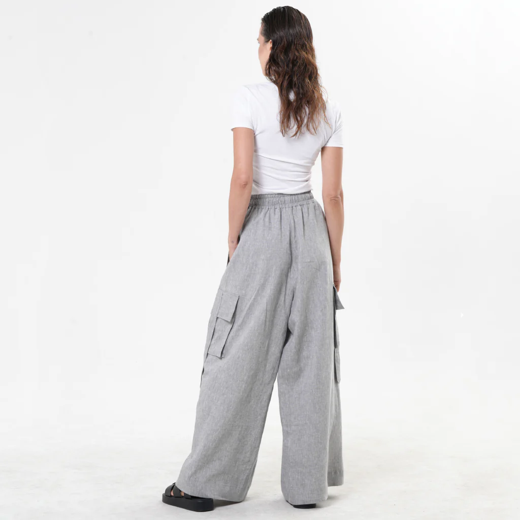 Gray Linen Cargo Palazzo Pants with Drawstring - Image 4