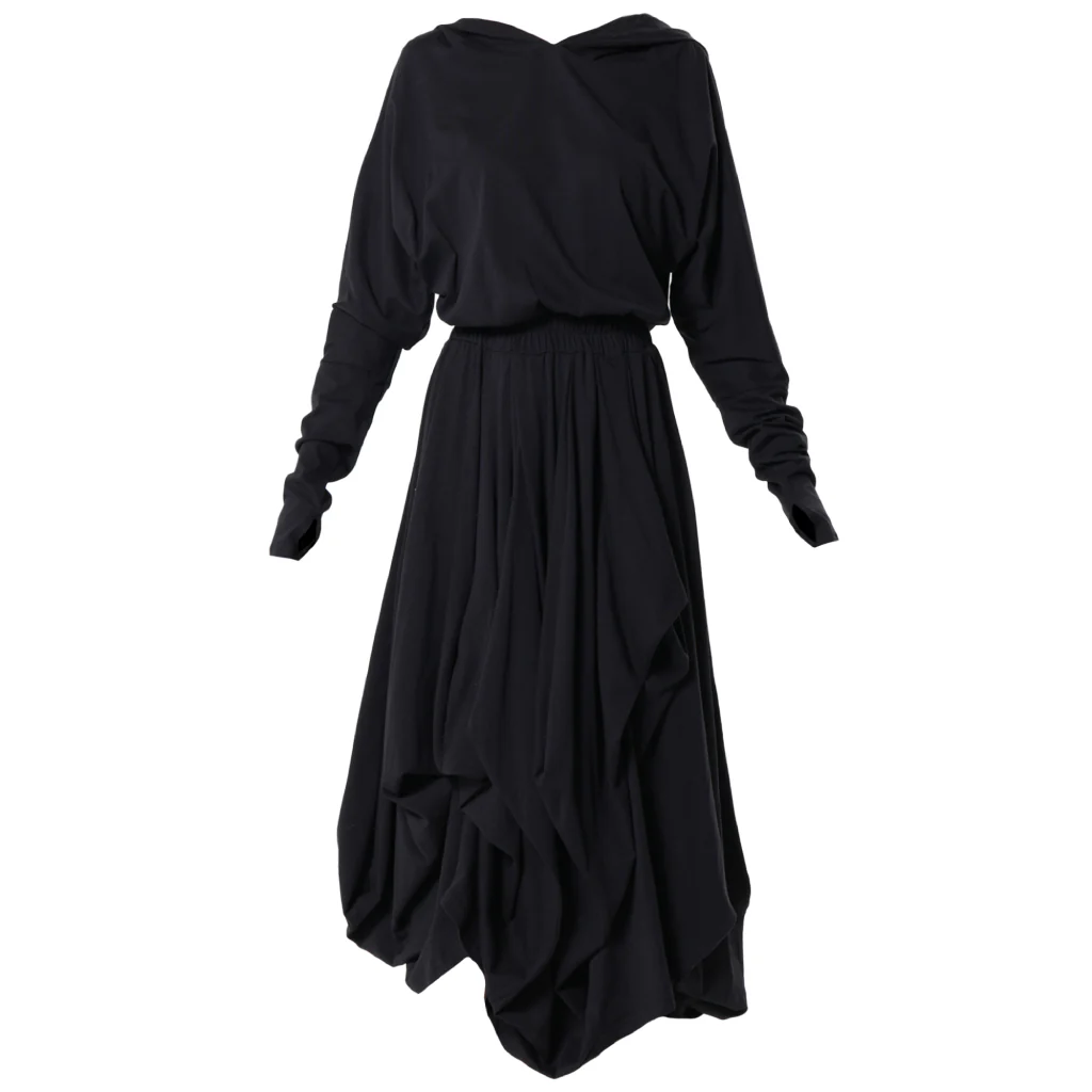 Long Sleeve Hooded Midi Dress In Black