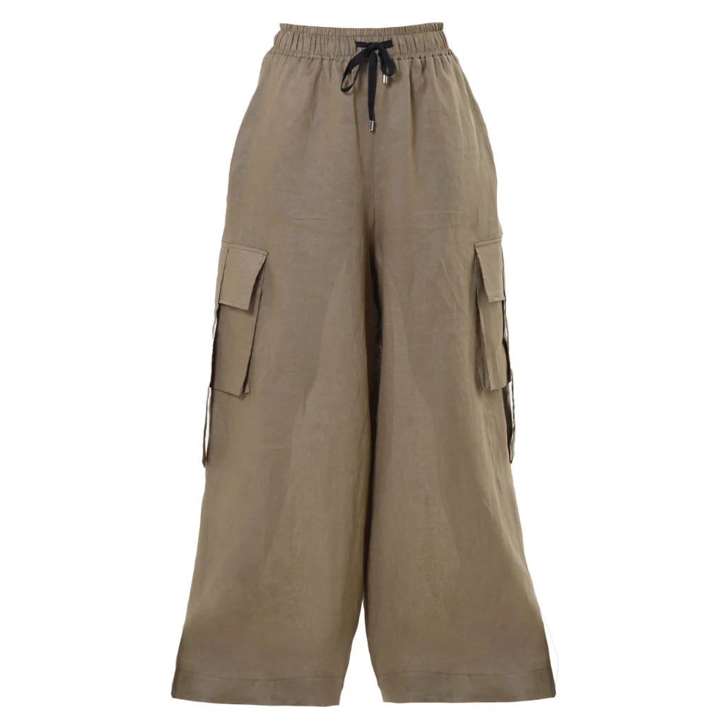 Linen Cargo Palazzo Pants | Khaki