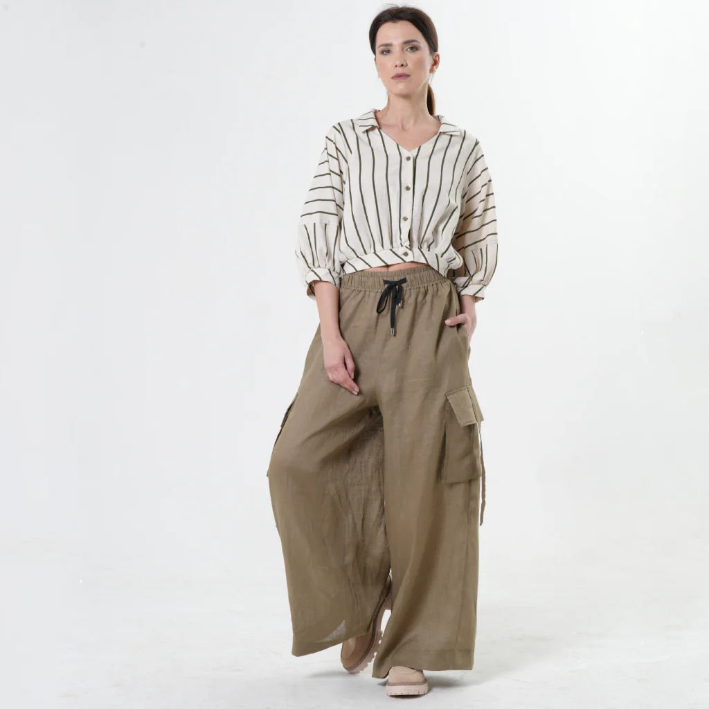 Linen Cargo Palazzo Pants | Khaki - Image 2