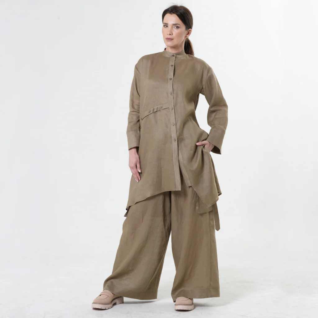Long Linen Shirt in Khaki - Image 2