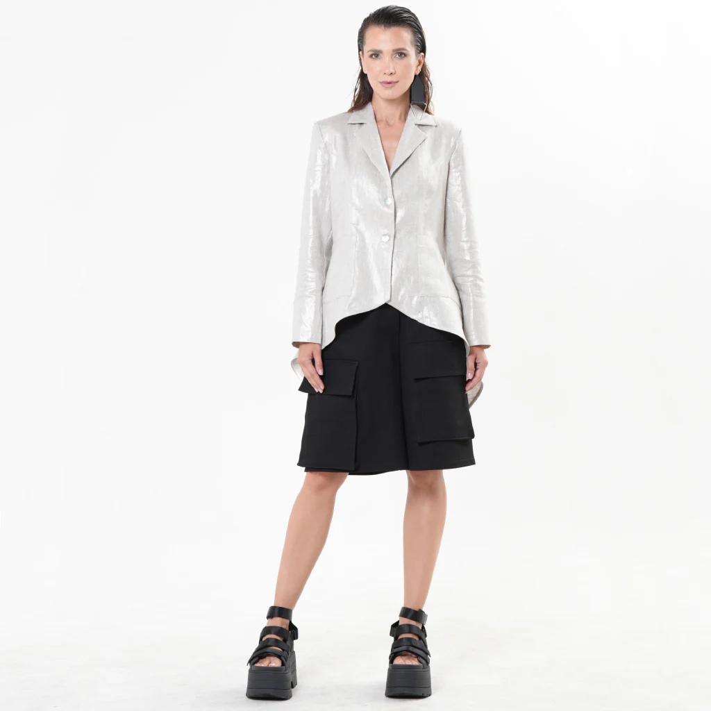 Pearl Silver Asymmetrical Linen Blazer - Image 2