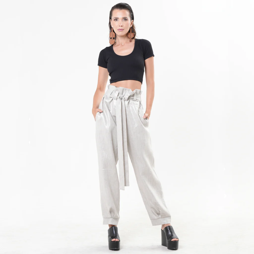 Silver High-Waisted Linen Pants with Belt - Image 2