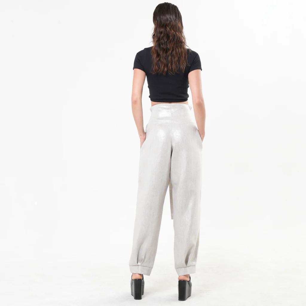 Silver High-Waisted Linen Pants with Belt - Image 3
