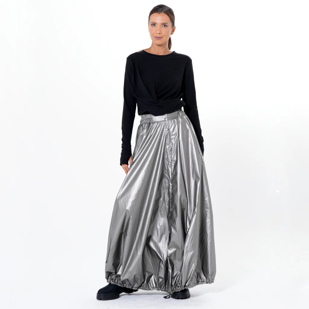 Voluminous Maxi Skirt with Adjustable Hem In Silver - Image 2