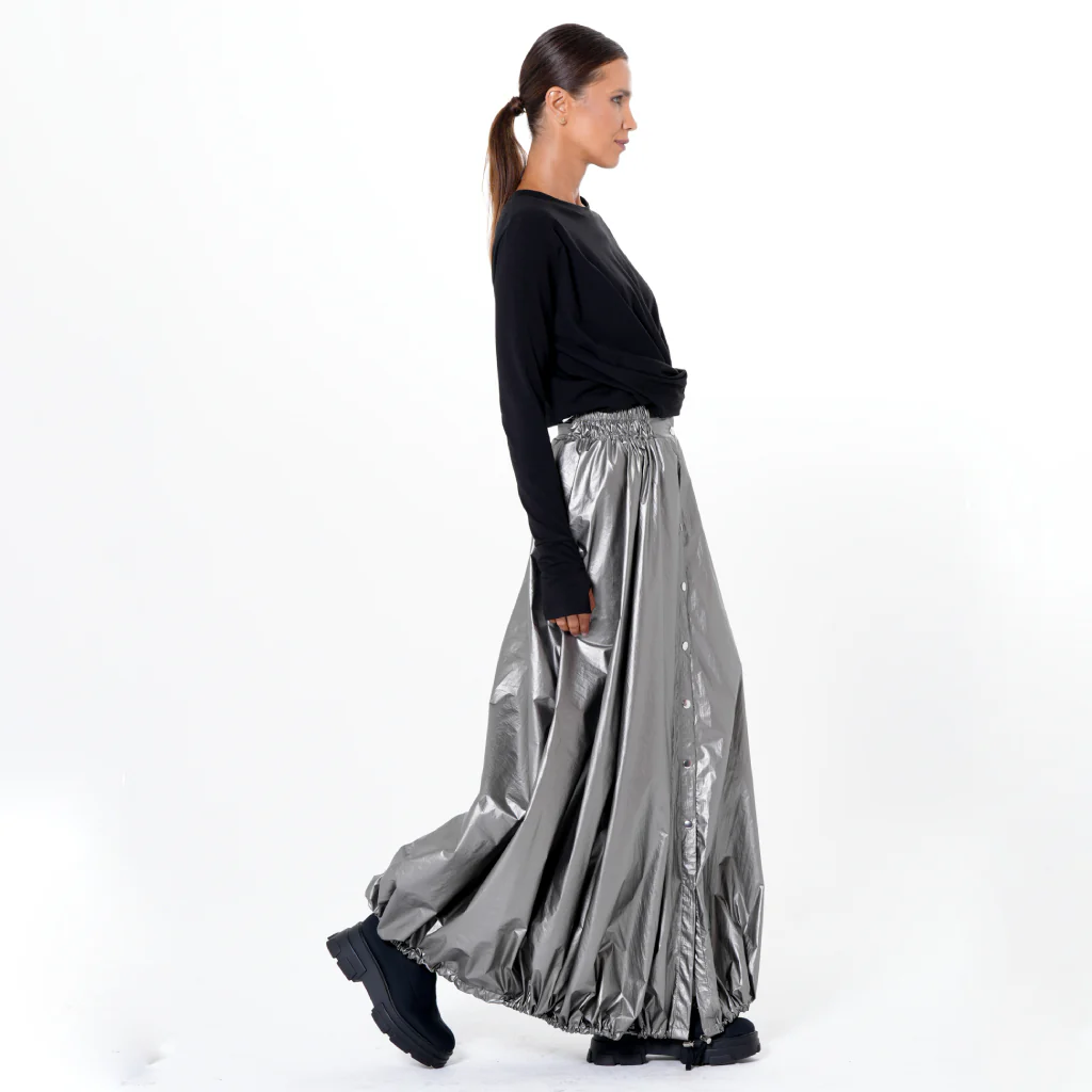 Voluminous Maxi Skirt with Adjustable Hem In Silver - Image 4