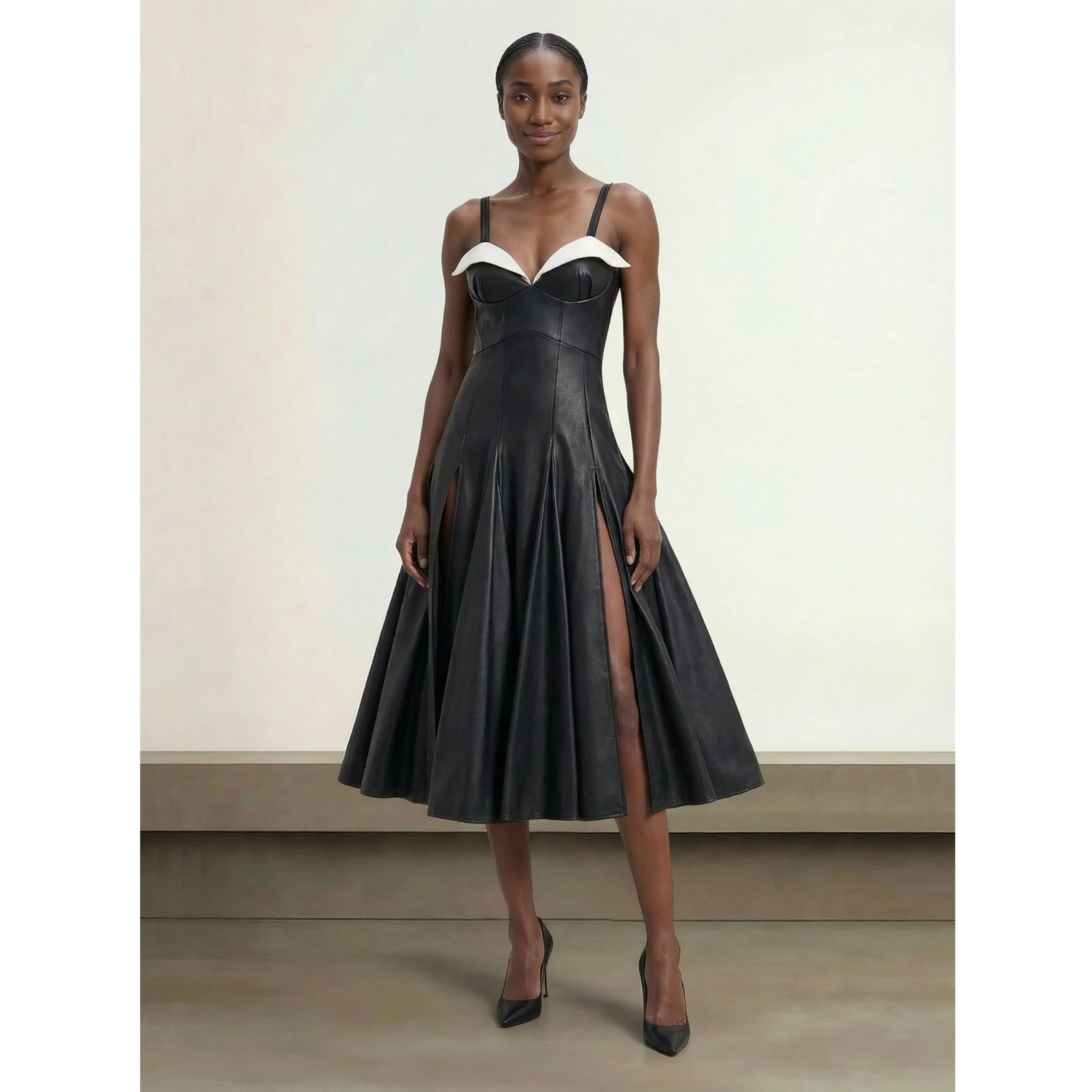 Black Vegan Leather Corset Midi Dress - Image 3