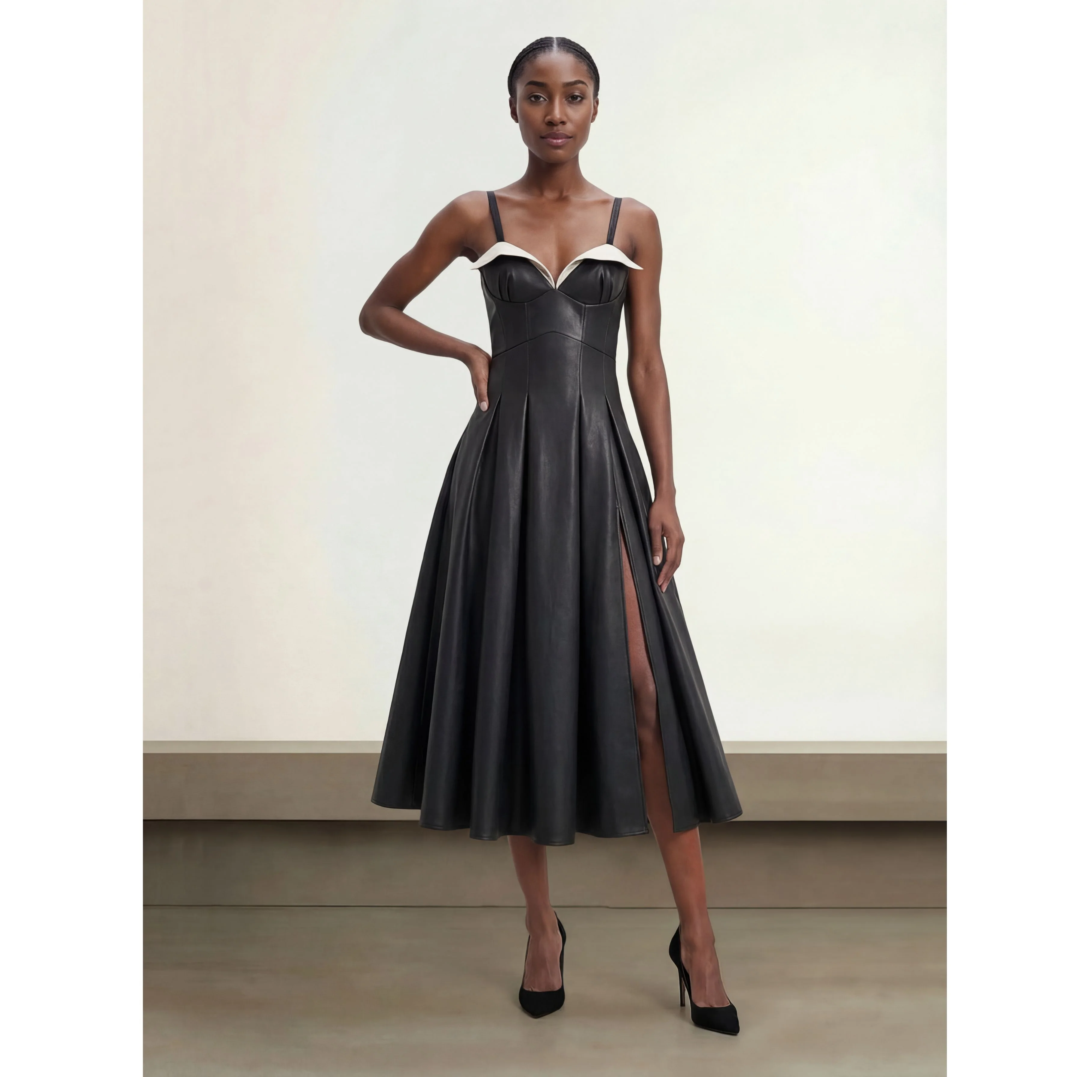 Black Vegan Leather Corset Midi Dress - Image 4