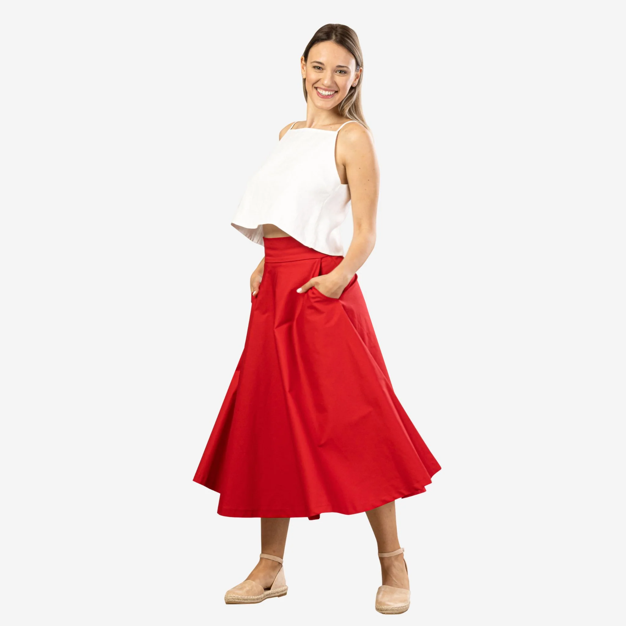 Estelle Red Cotton Midi Skirt - Image 3