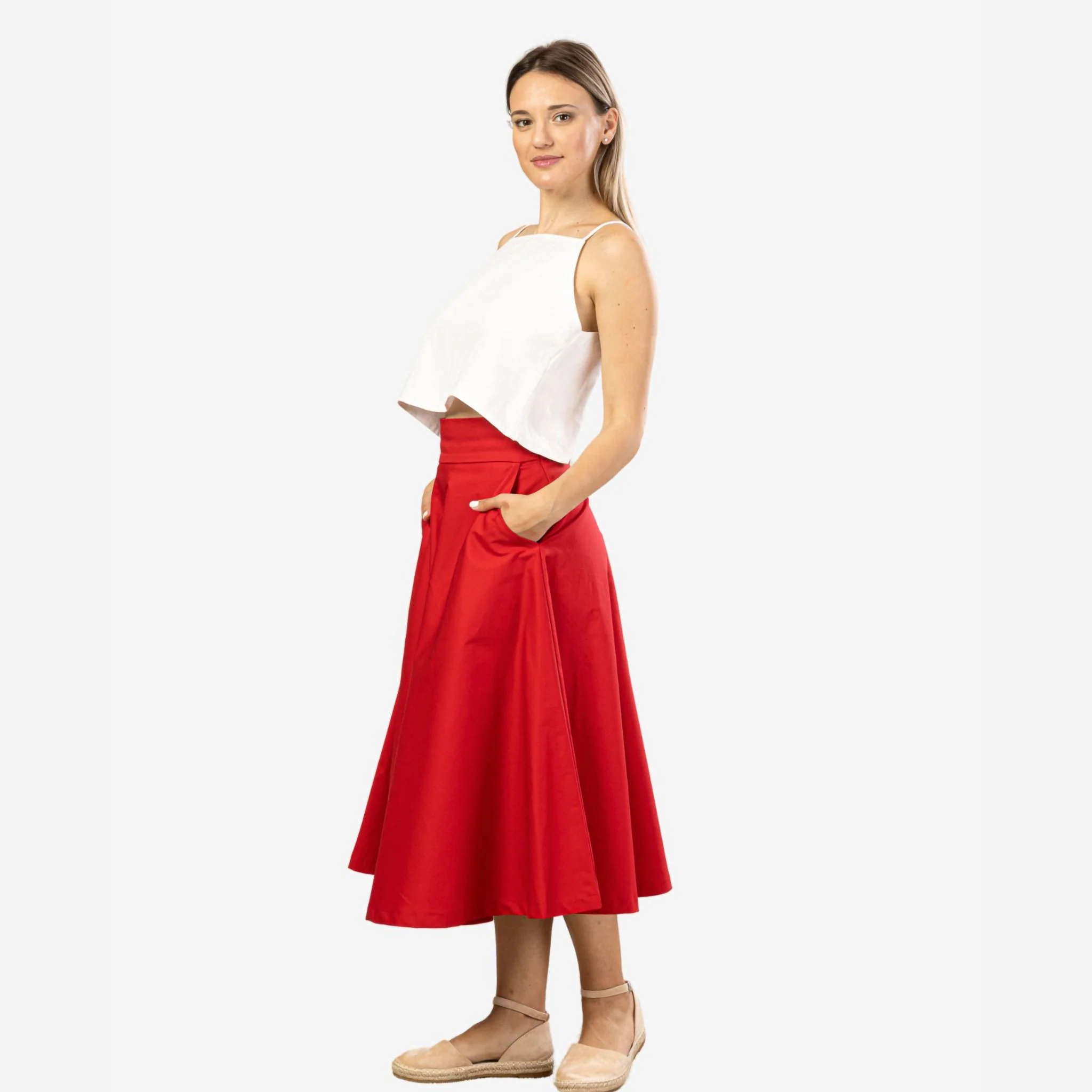 Estelle Red Cotton Midi Skirt - Image 4
