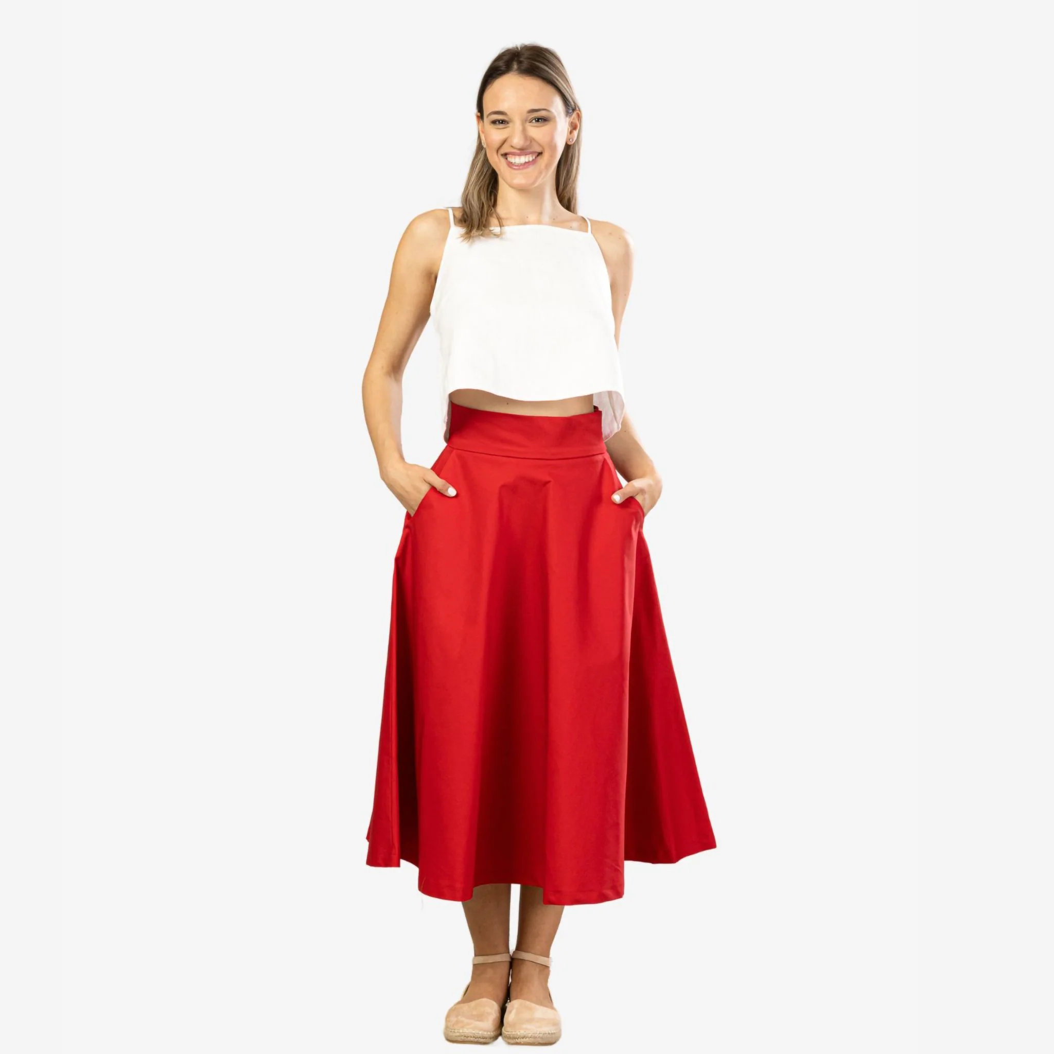 Estelle Red Cotton Midi Skirt - Image 5