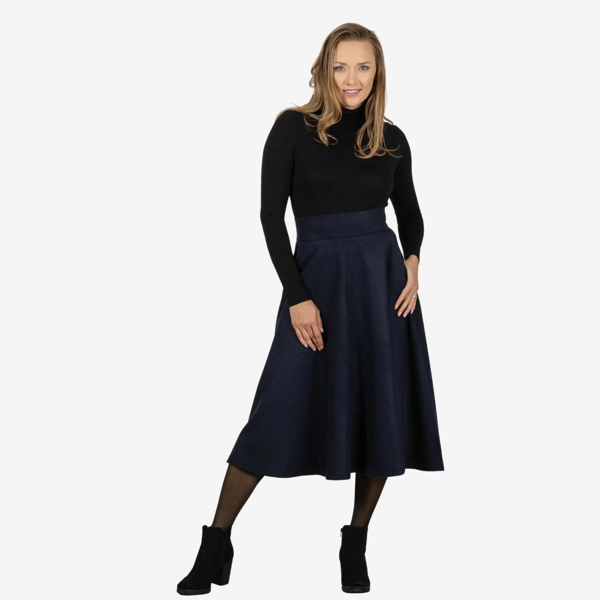 Lily Dark Blue Wool Midi Skirt - Image 2