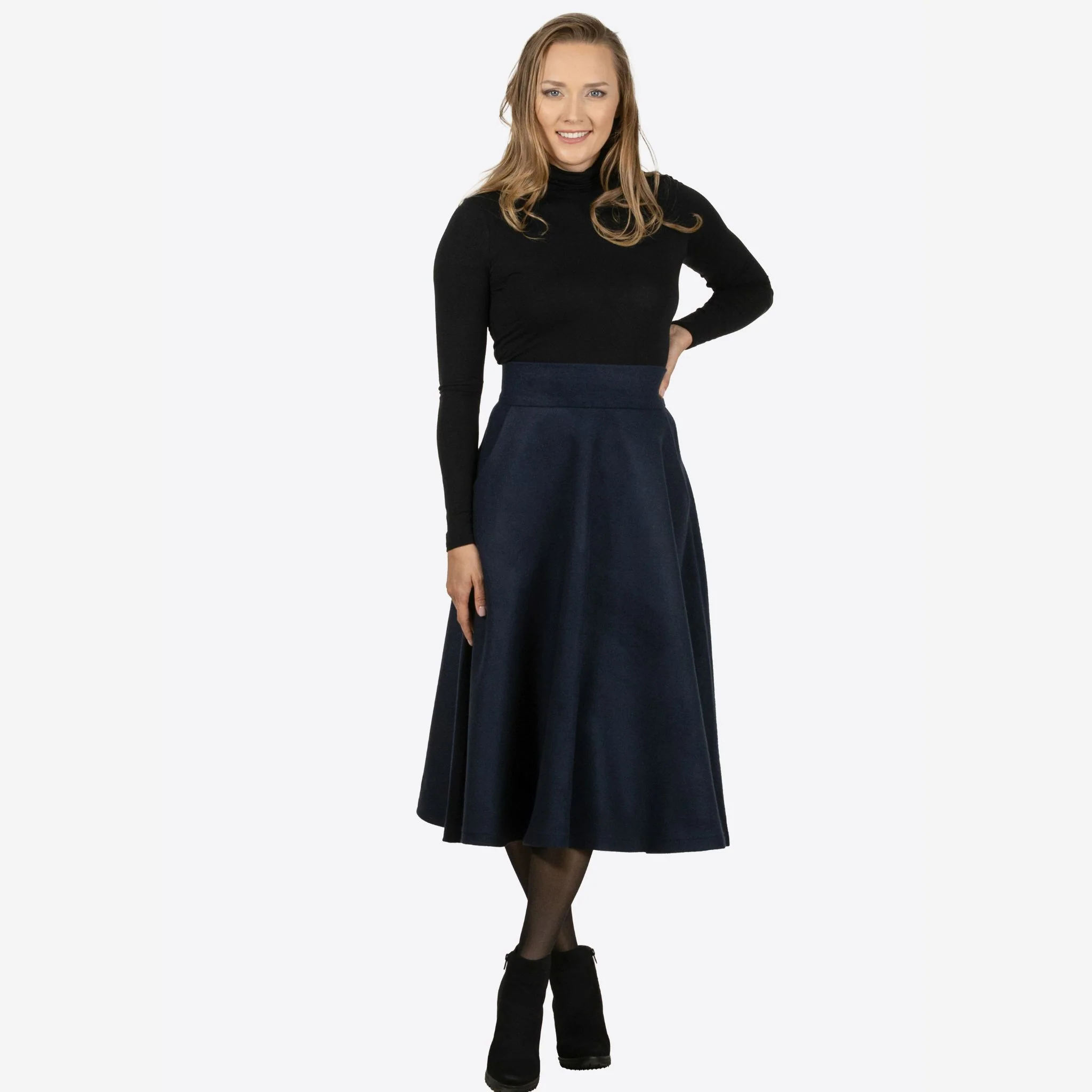 Lily Dark Blue Wool Midi Skirt - Image 3