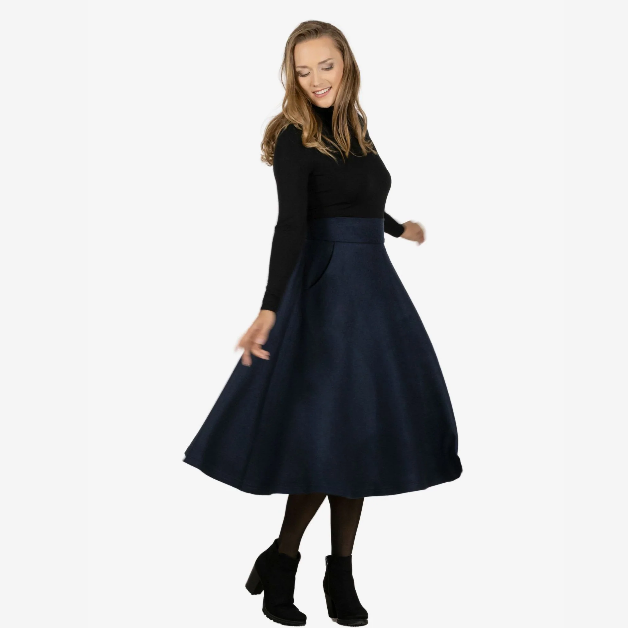 Lily Dark Blue Wool Midi Skirt - Image 4