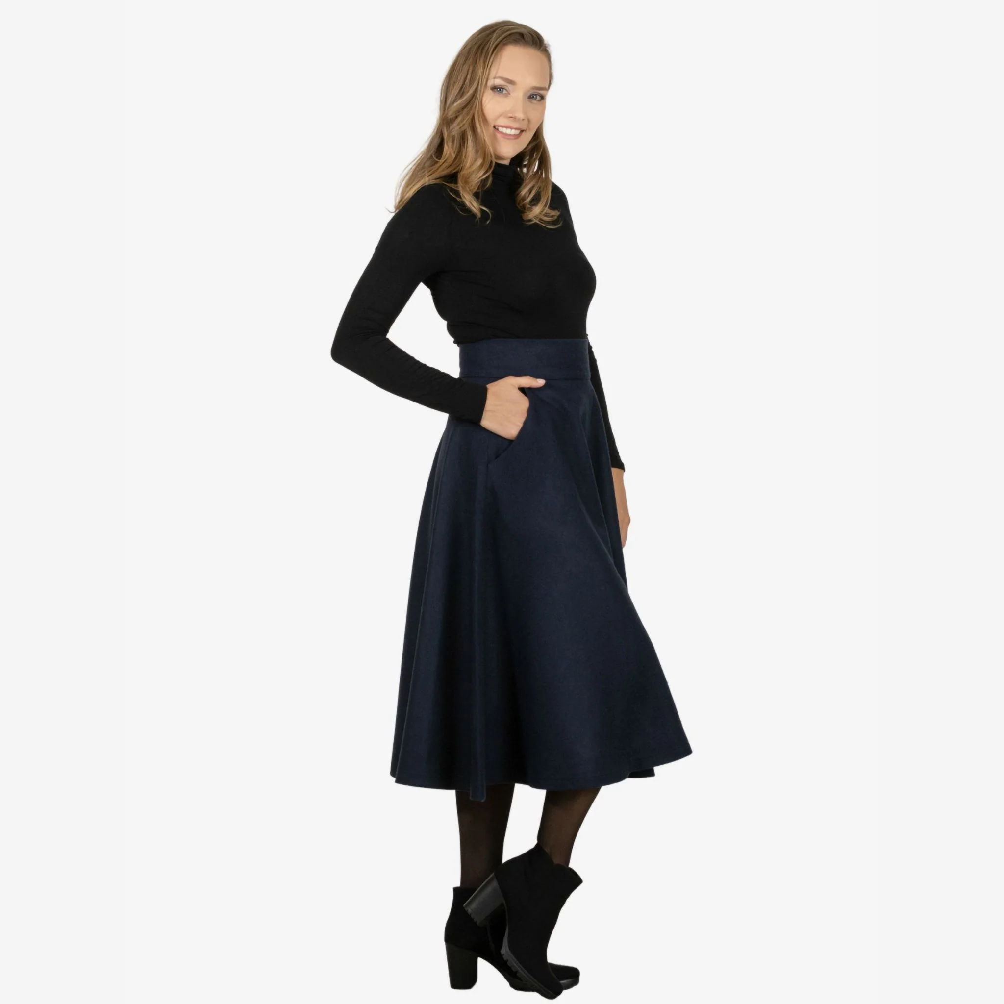 Lily Dark Blue Wool Midi Skirt - Image 5