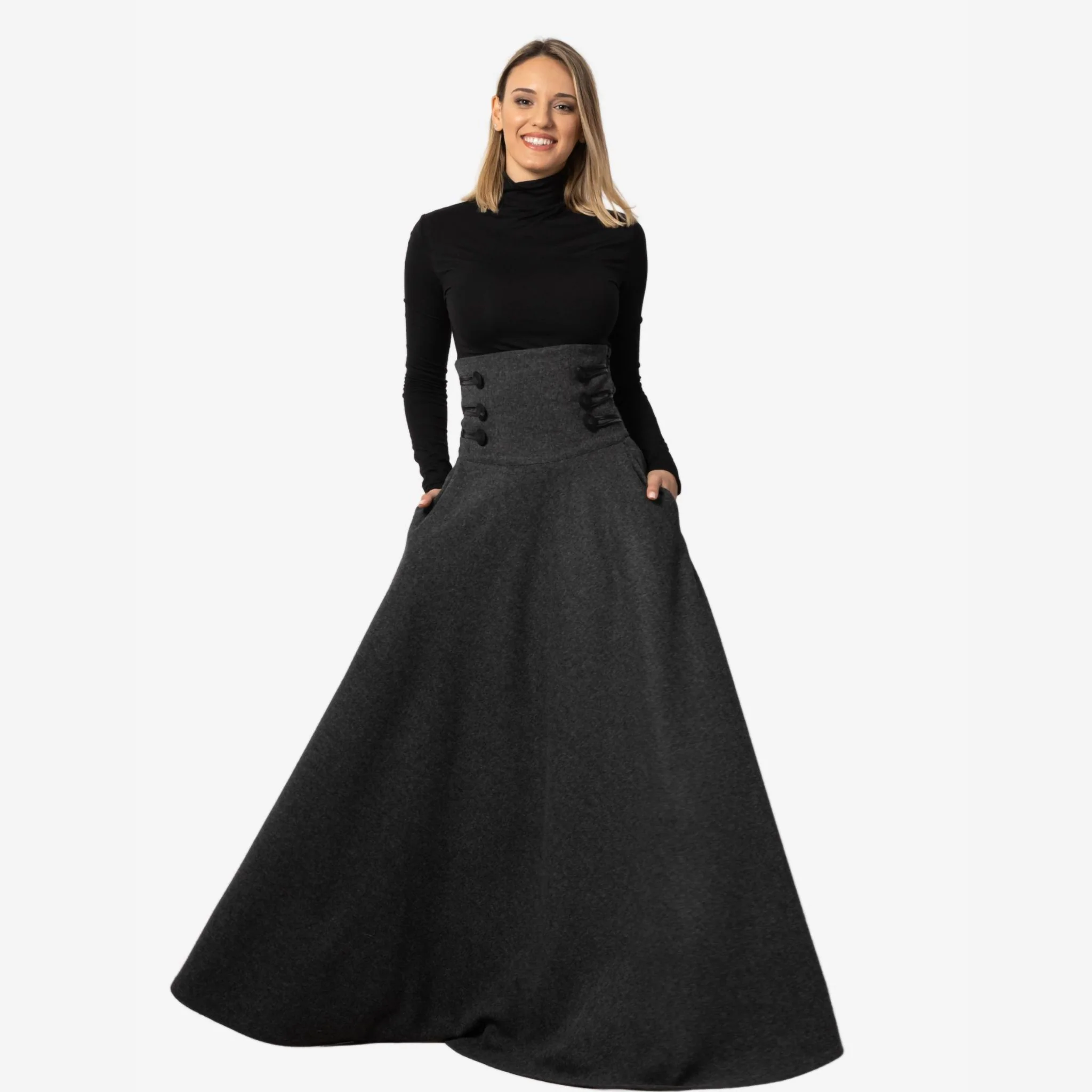 "Rose" Dark Gray Wool Maxi Skirt - Image 2