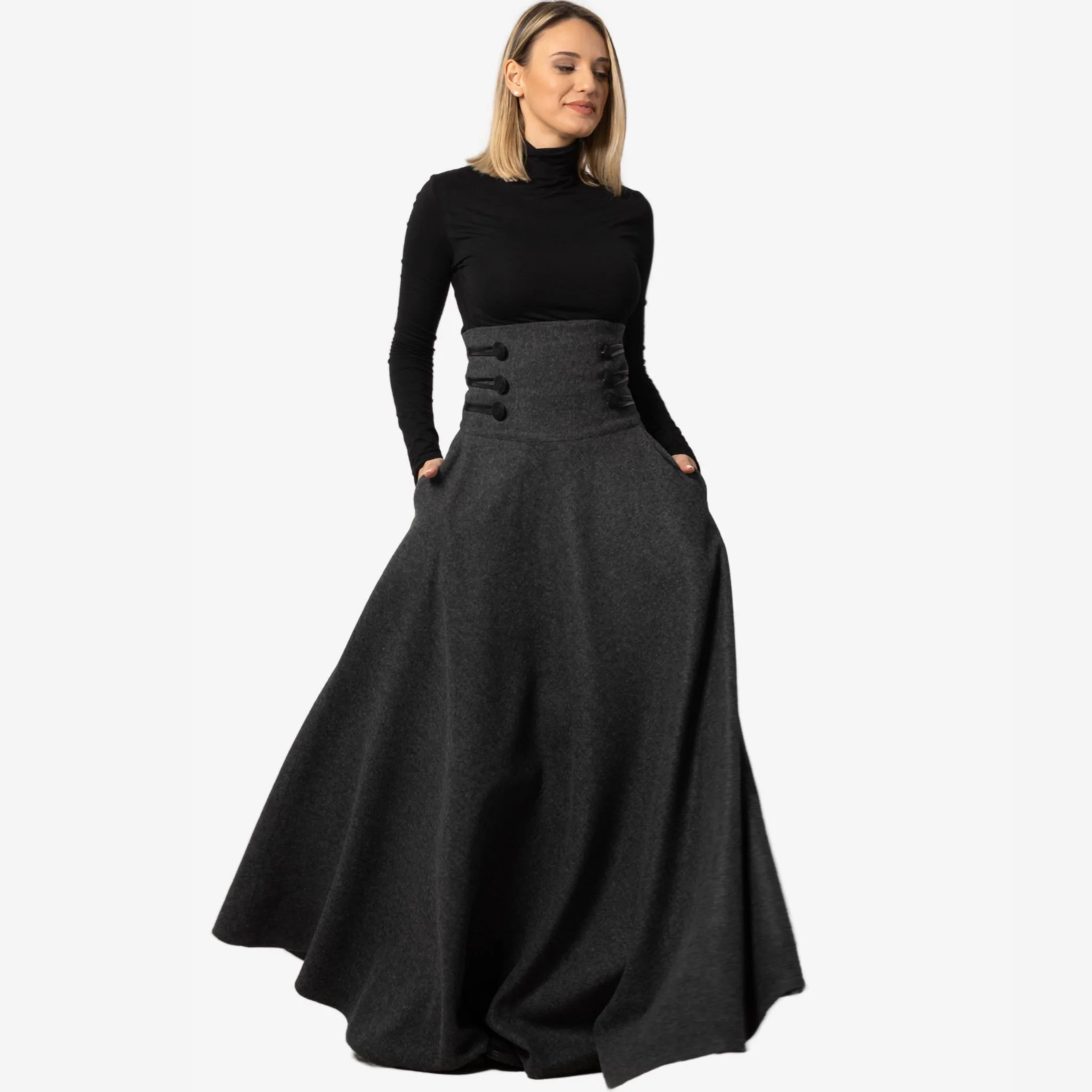 "Rose" Dark Gray Wool Maxi Skirt - Image 3
