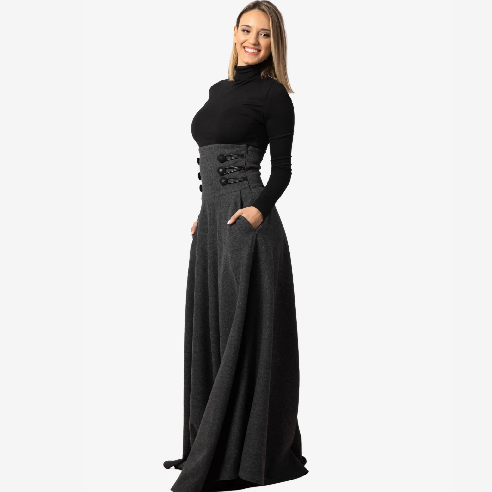 "Rose" Dark Gray Wool Maxi Skirt - Image 4