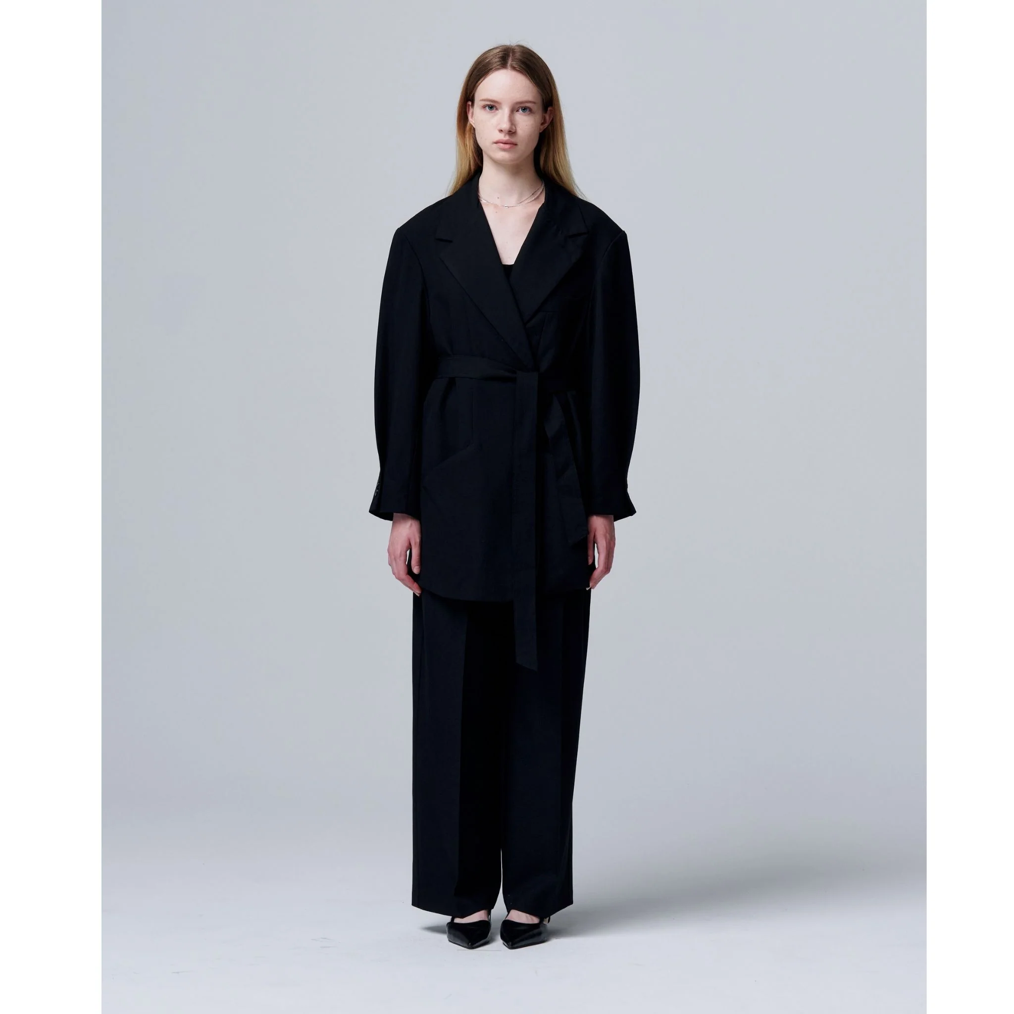 Noir Cuff Blazer with Folded Sleeve Detail and Waist Strap - Image 3