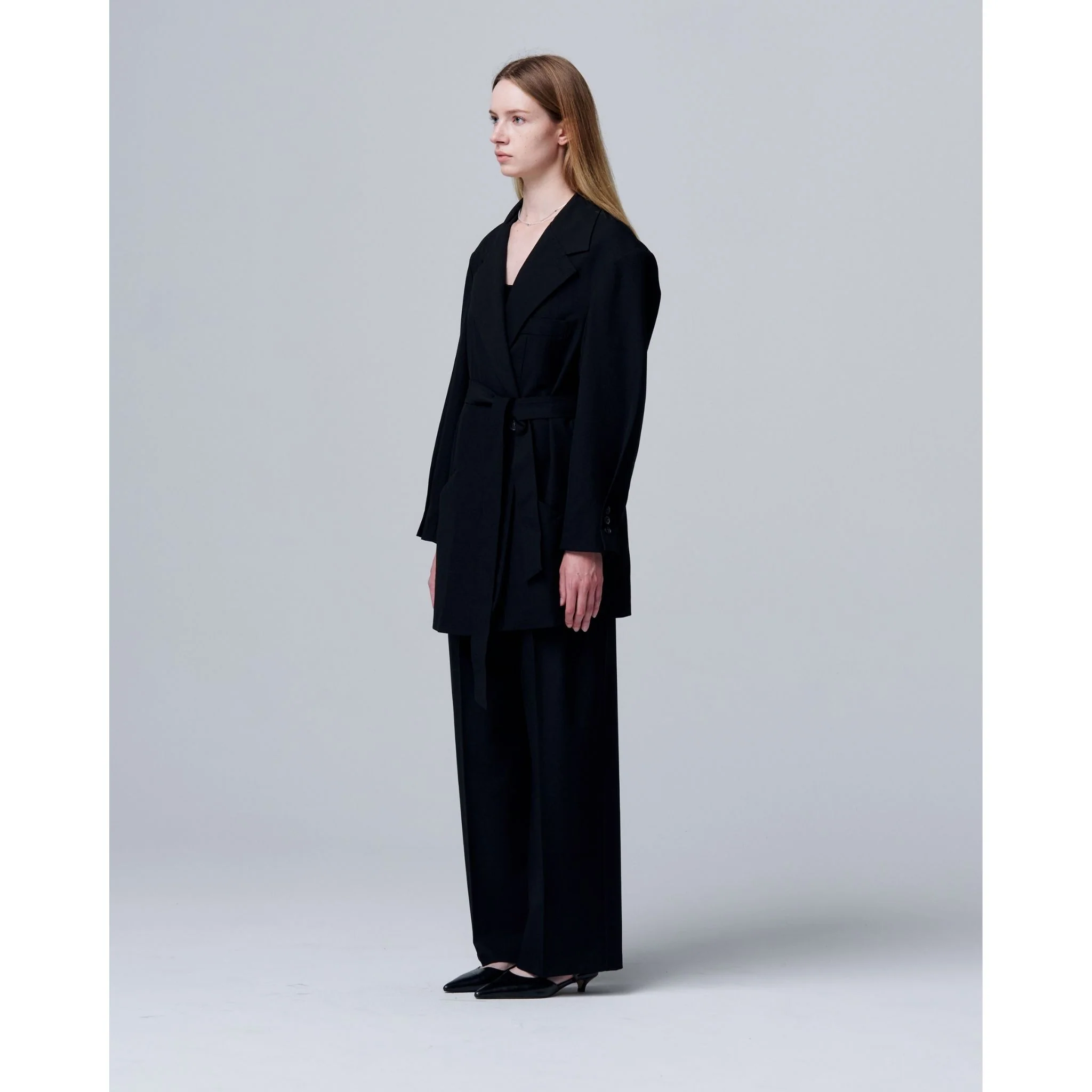 Noir Cuff Blazer with Folded Sleeve Detail and Waist Strap - Image 4