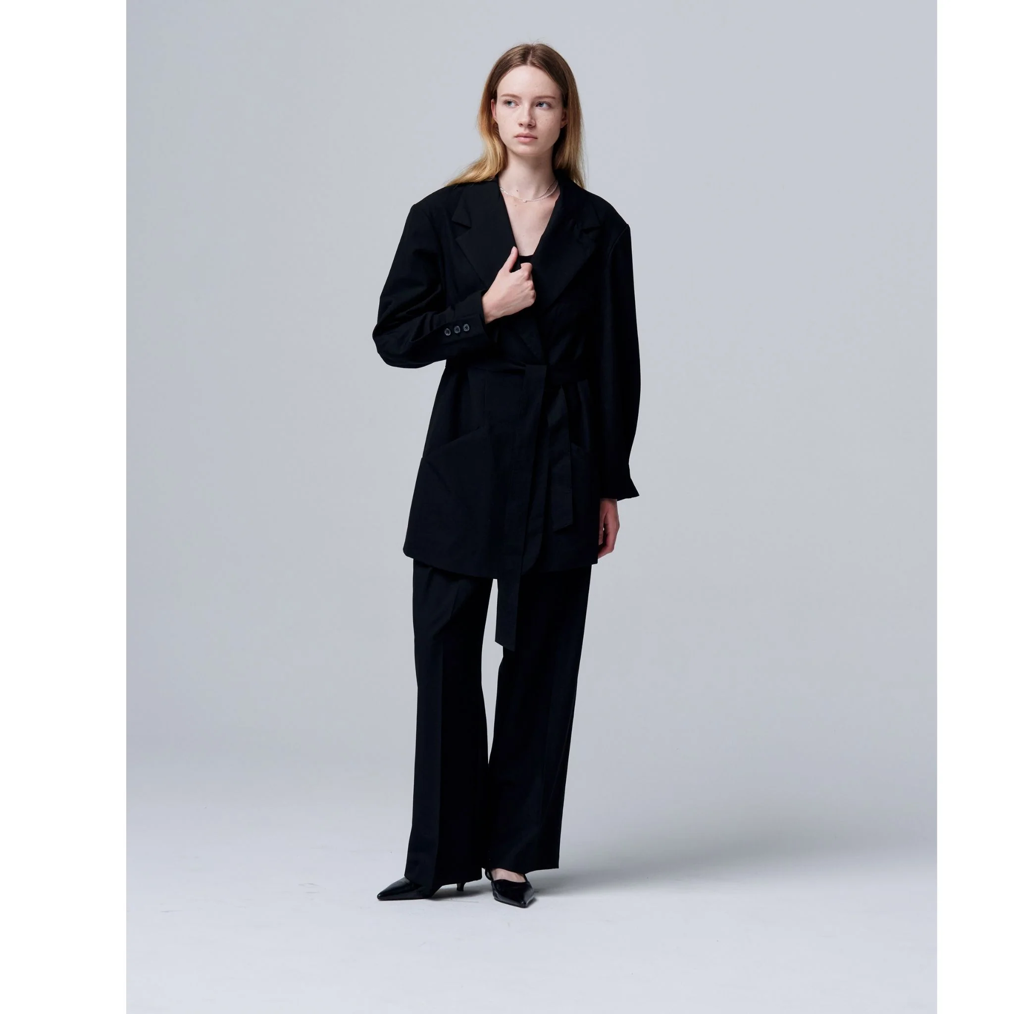 Noir Cuff Blazer with Folded Sleeve Detail and Waist Strap - Image 7
