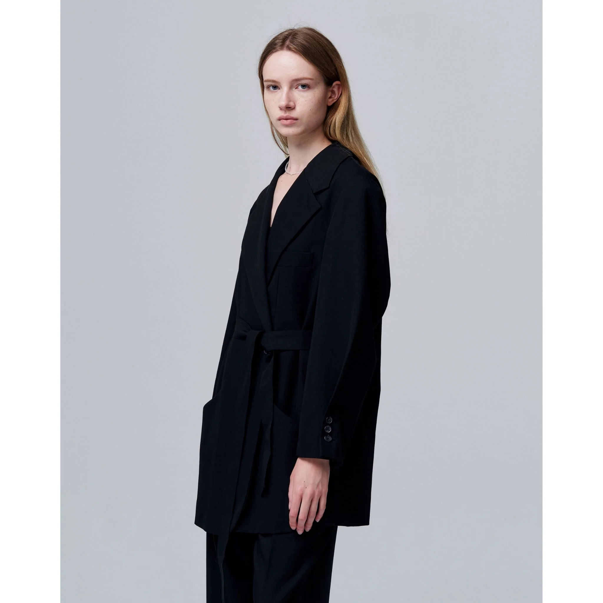 Noir Cuff Blazer with Folded Sleeve Detail and Waist Strap - Image 9