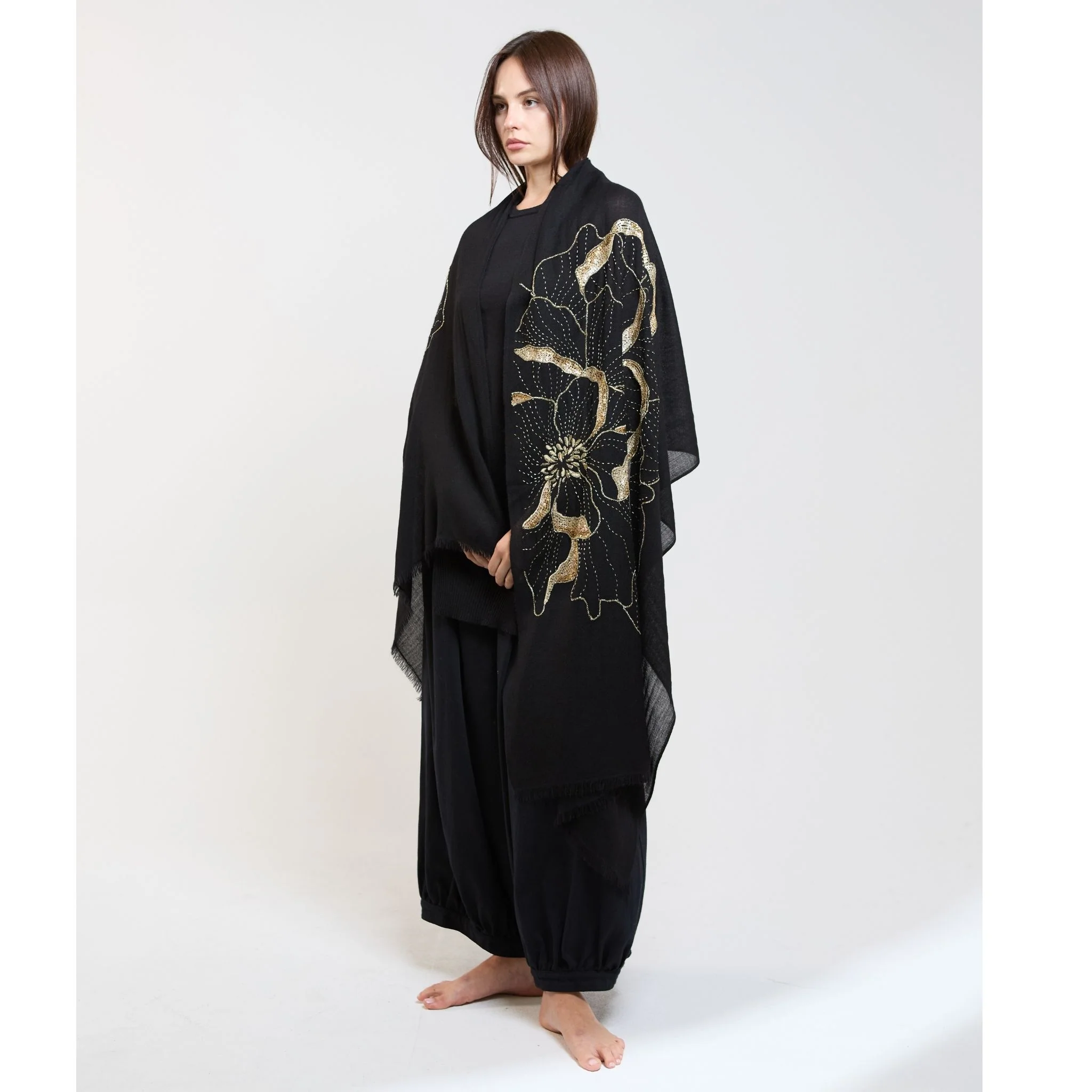 Black Blythe Flower Embroidered Stole - Image 2