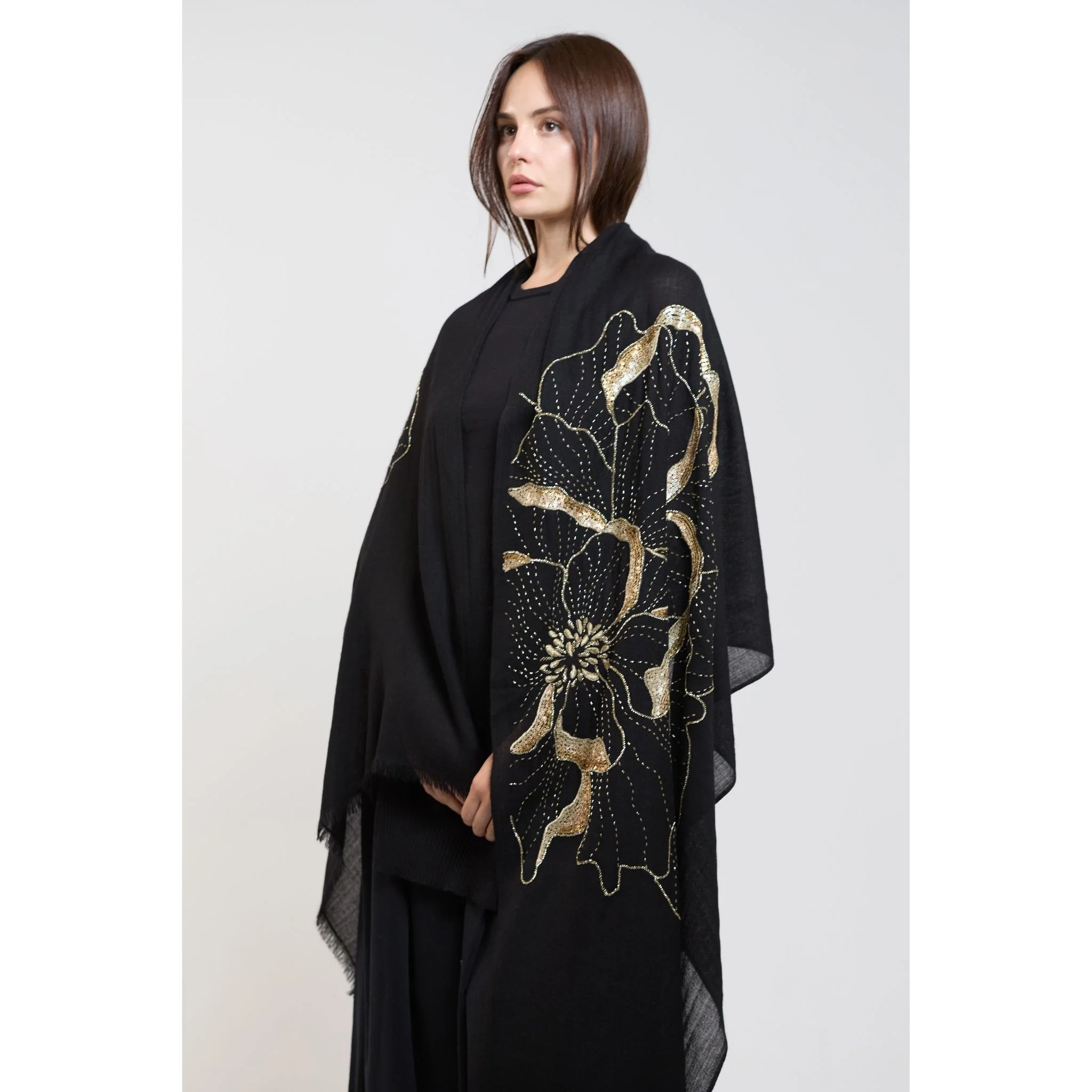 Black Blythe Flower Embroidered Stole - Image 3